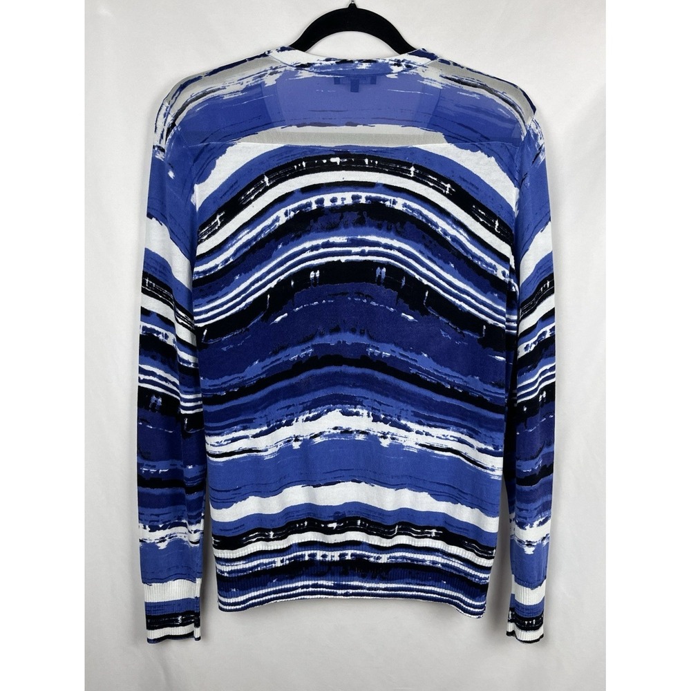 Lafayette 148‎ Abstract Stripe Silk Panel Knit Cardigan Sweater Blue White Large - Picture 3 of 12